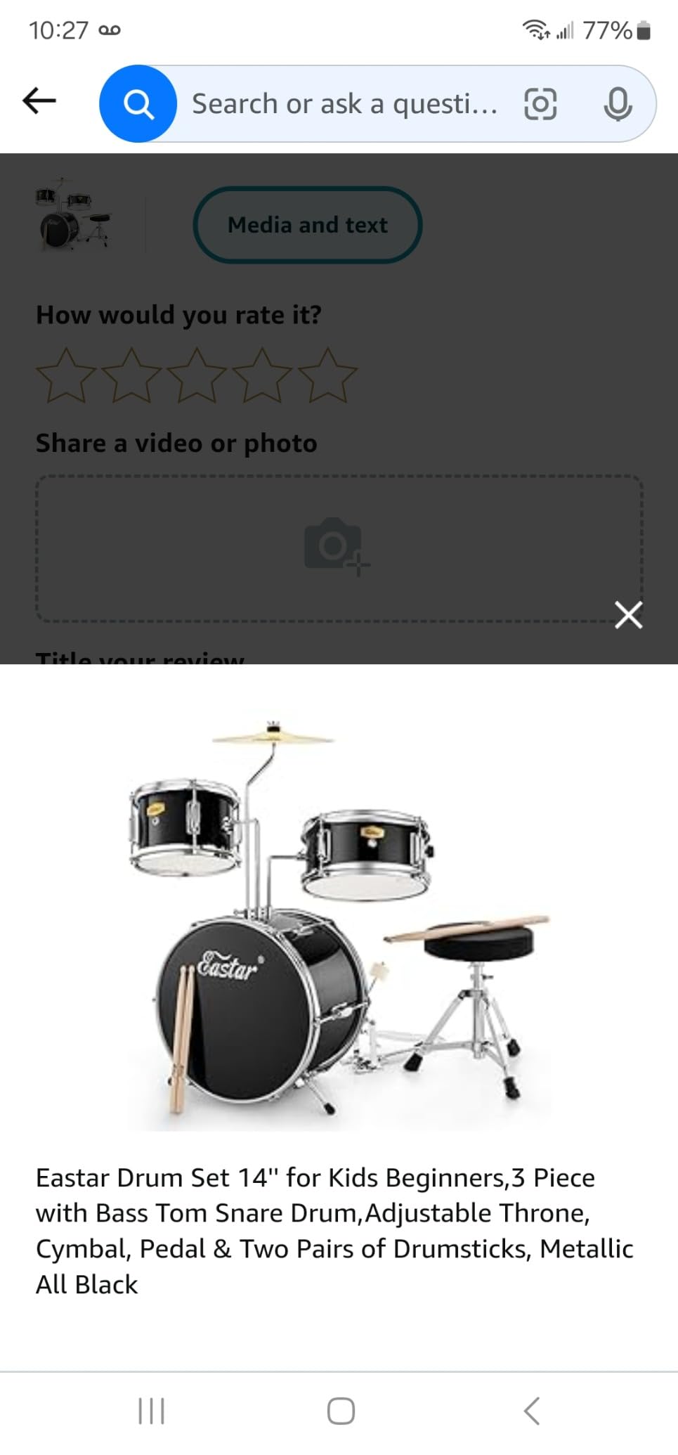 Eastar Drum Set for Kids and Beginners, 3-Piece 14'' Drum Kit with Adjustable Throne, Cymbal, Pedal & Two Pairs of Drumsticks, Junior Drum Set with Bass Tom Snare Drum, Metallic Red customer photo 2