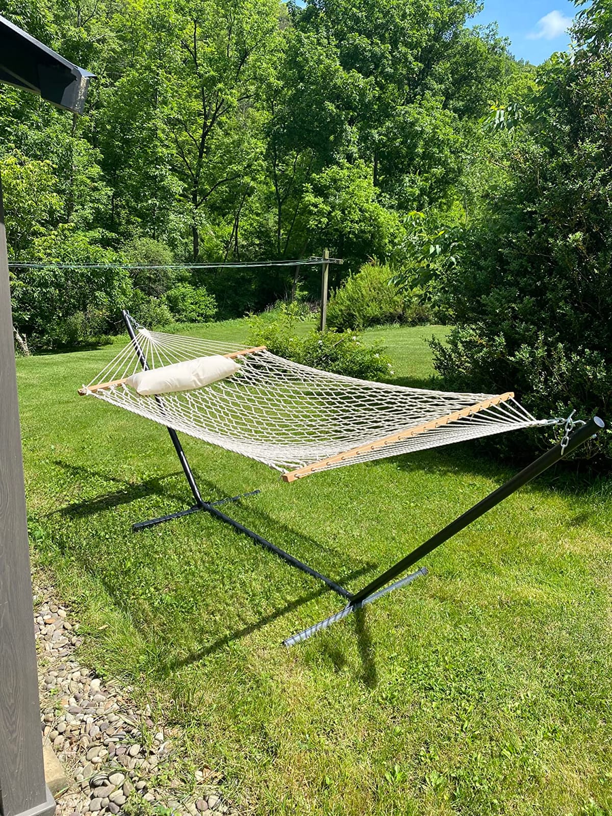 PNAEUT Double Rope Hammock with Stand Included, 12ft Heavy Duty Stand, 2 Person Traditional Cotton Rope Hammocks with Pillow for Outside Porch Patio Backyard Outdoor, Max 475lbs Capacity (Burlywood) customer photo 1