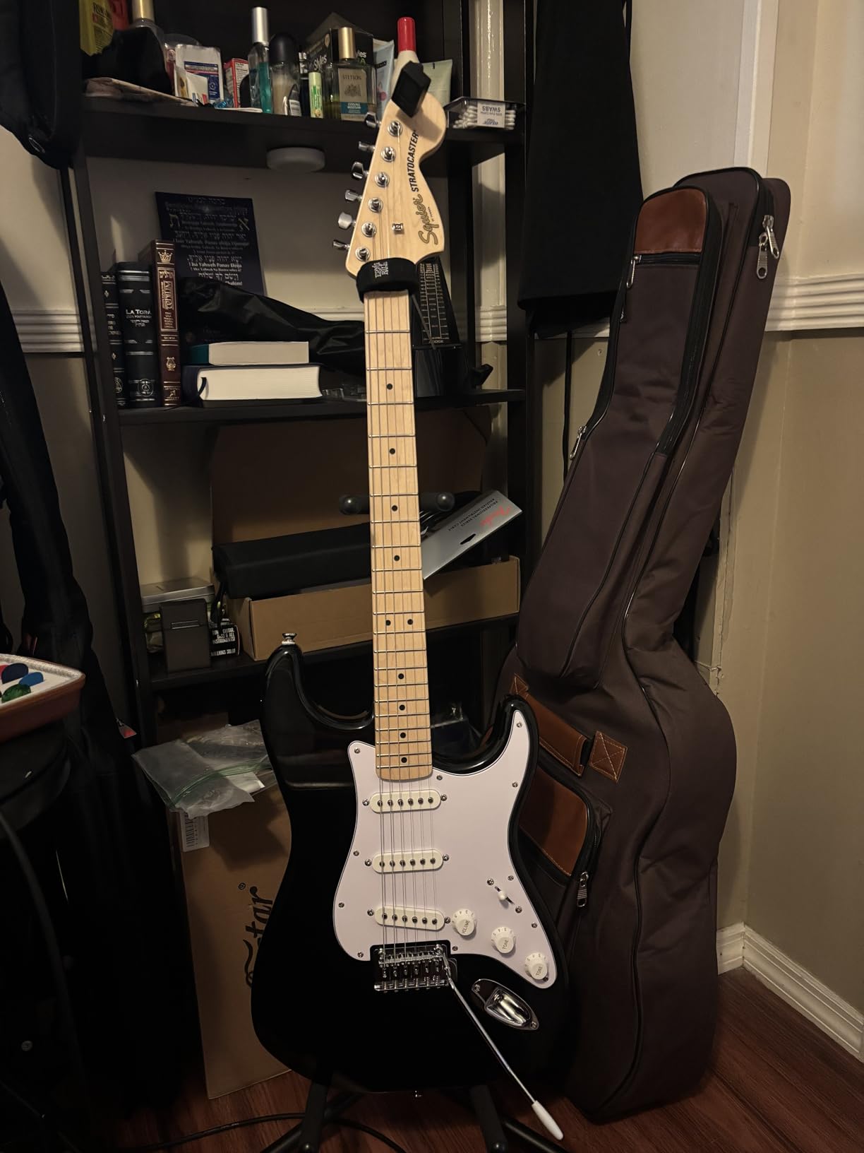 Squier Affinity Stratocaster Electric Guitar, Maple Fingerboard, Black | Ideal starter electric guitar, Fender-designed Strat pickups, slim C-shape neck, 2-year warranty, affordable Stratocaster customer photo 1