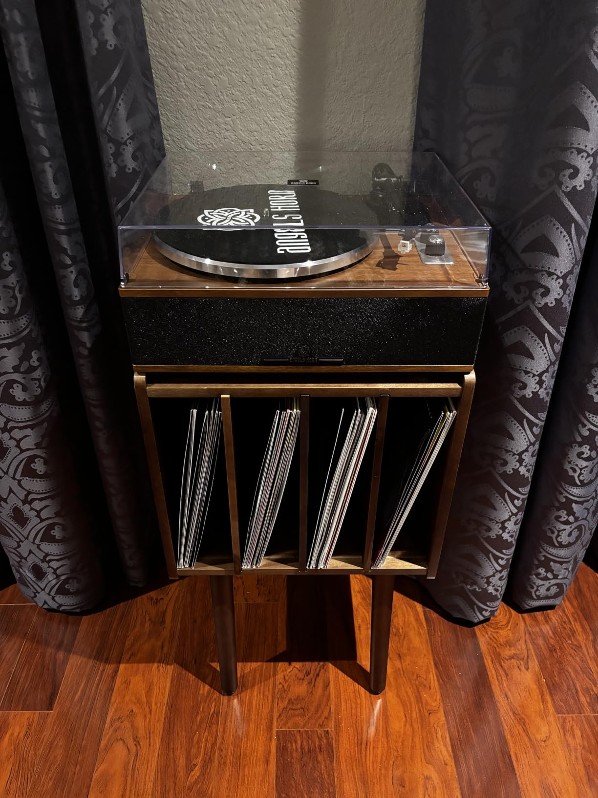 2BHOME Wooden LP Record Player Stand with 4 Cabinets, Holds up to 100 Vinyls, Metal Record Storage Holder and Organizer Table, Classical Design for Files/Book (Mid-Century Modern) customer photo 1