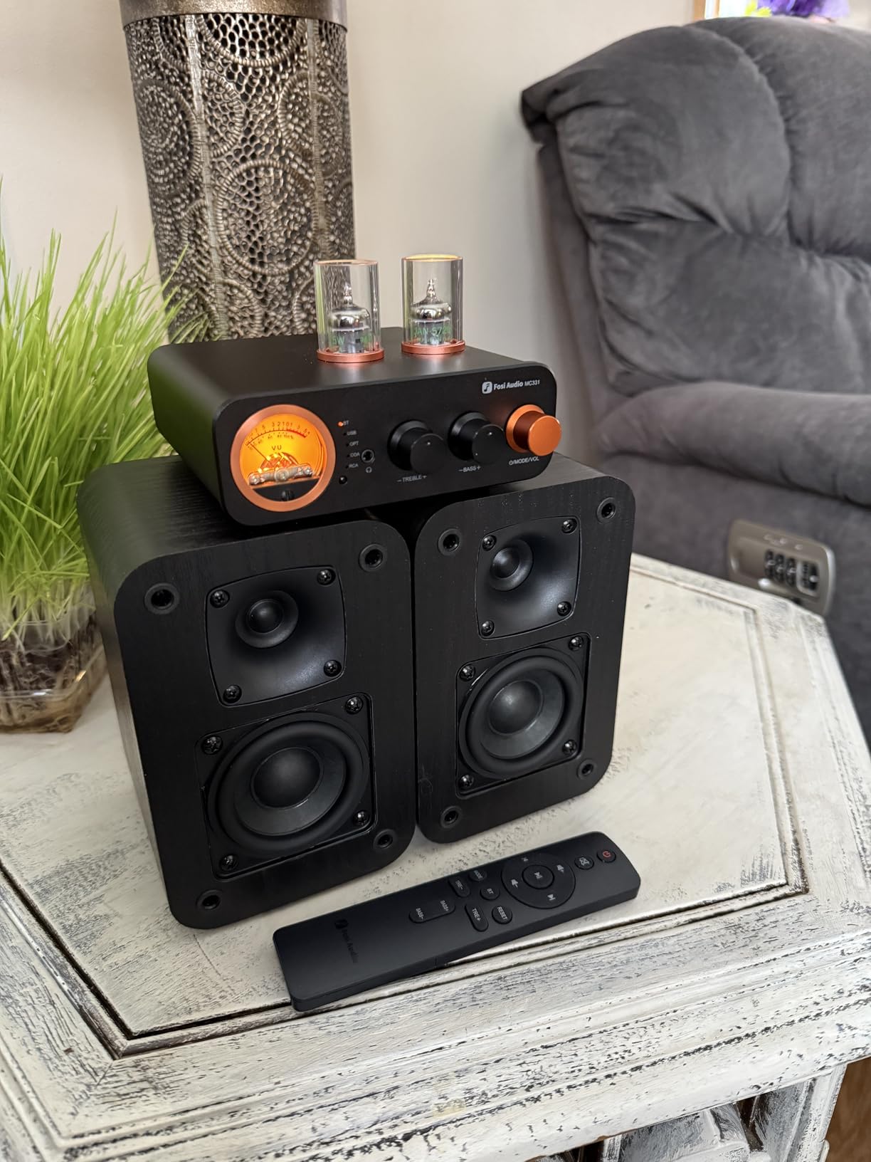 RIOWOIS Passive Bookshelf Speakers for Home Theater Surround Sound, Satellite Stereo Speakers with Crisper Sound and Classic Wood Grain for Record Player/Computer/TV, Wall Mountable, One Pair. customer photo 2