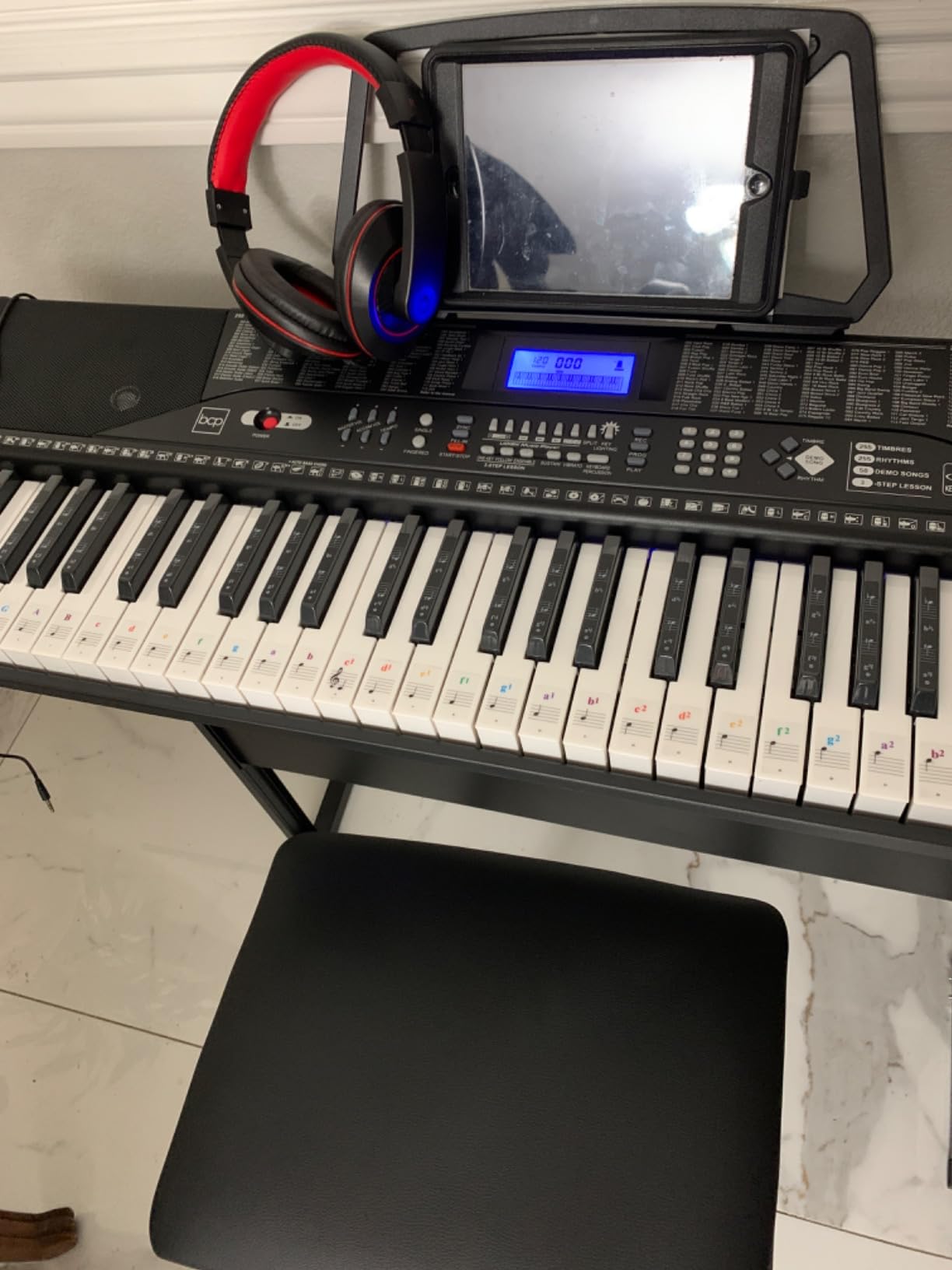 Best Choice Products 61-Key Beginners Complete Electronic Keyboard Piano Set w/Lighted Keys, LCD Screen, Headphones, Stand, Bench, Teaching Modes, Note Stickers, Built-In Speakers - Red customer photo 1