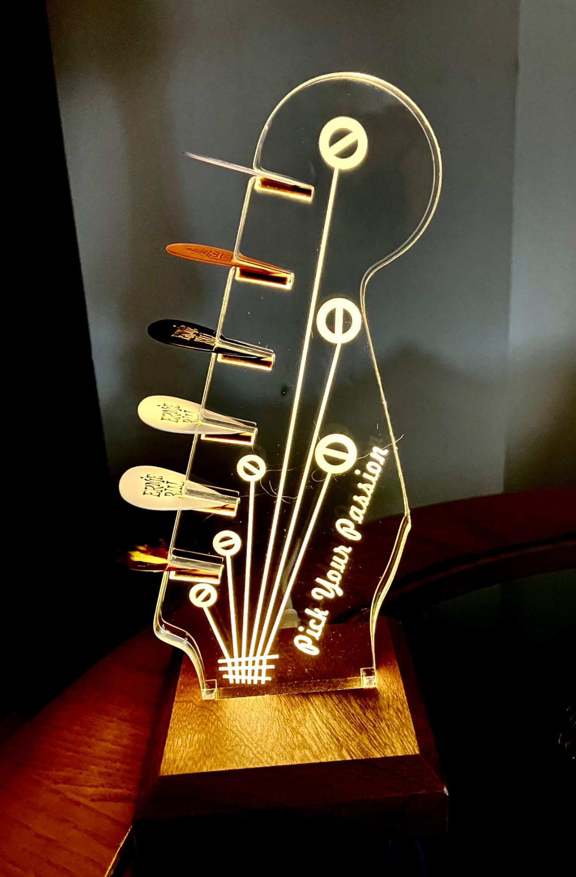 CoolGift Mart Light Up Guitar Pick Holder, Electric Guitar Headstock Shaped Acrylic & Wooden USB Powered illuminated Display Case- Guitar Accessories Gift for Men Guitar, Music Lovers customer photo 1
