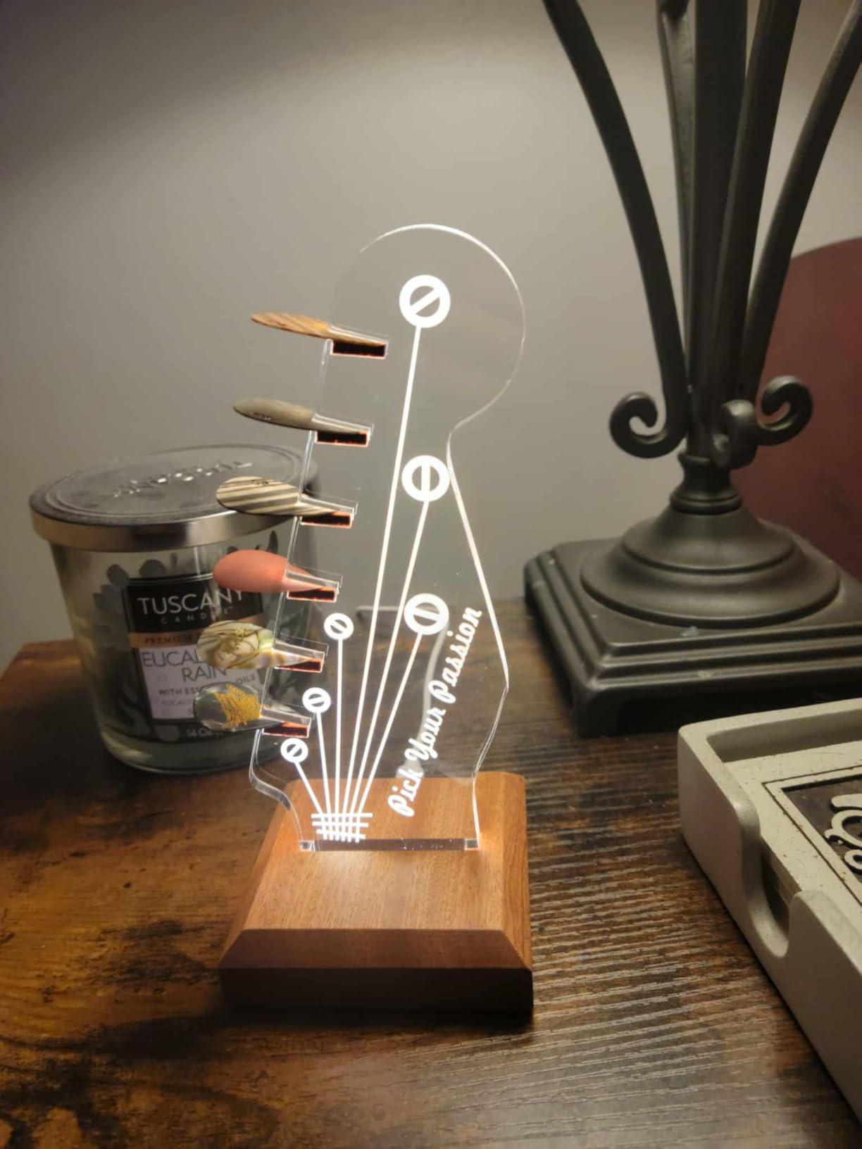 CoolGift Mart Light Up Guitar Pick Holder, Electric Guitar Headstock Shaped Acrylic & Wooden USB Powered illuminated Display Case- Guitar Accessories Gift for Men Guitar, Music Lovers customer photo 2