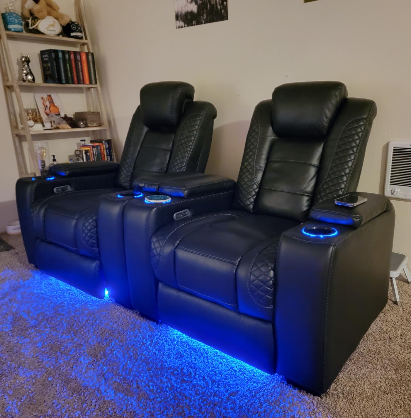 ANJ Power Home Theater Seating, PU Leather Electric Recliner Chair with Adjustable Headrest, Dual Motors Movie Reclining Chairs with LED Lights,USB Port, Cup Holders, Hidden Arm Storage (Blue & Black) customer photo 2