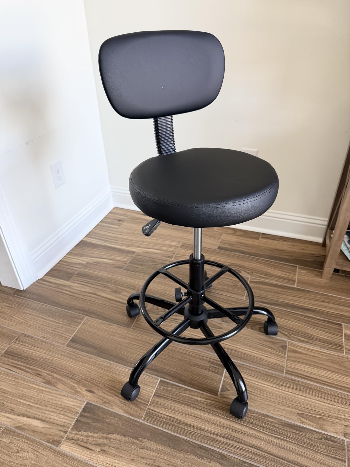 Brick Attic Drafting Chair with Backrest – Adjustable Foot Rest Rolling Stool with Wheels, PU Leather Swivel Stool for Office Spa Studio Lab Counter Salon Home Work Bar Kitchen Shop(Black) customer photo 2