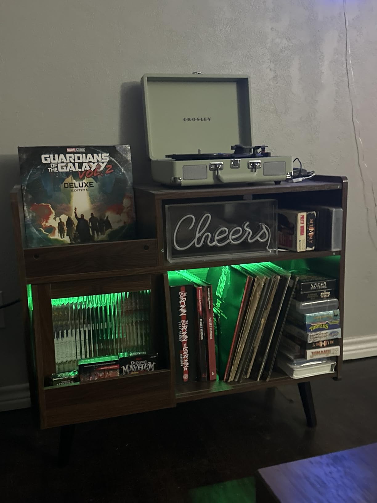 Large Record Player Stand with Sliding Door,350 Vinyl Record Storage Cabinet, Record Player Table with Power Outlet and LED Light,Turntable Stand with Wood Legs for Living Room,Bedroom,Office customer photo 1