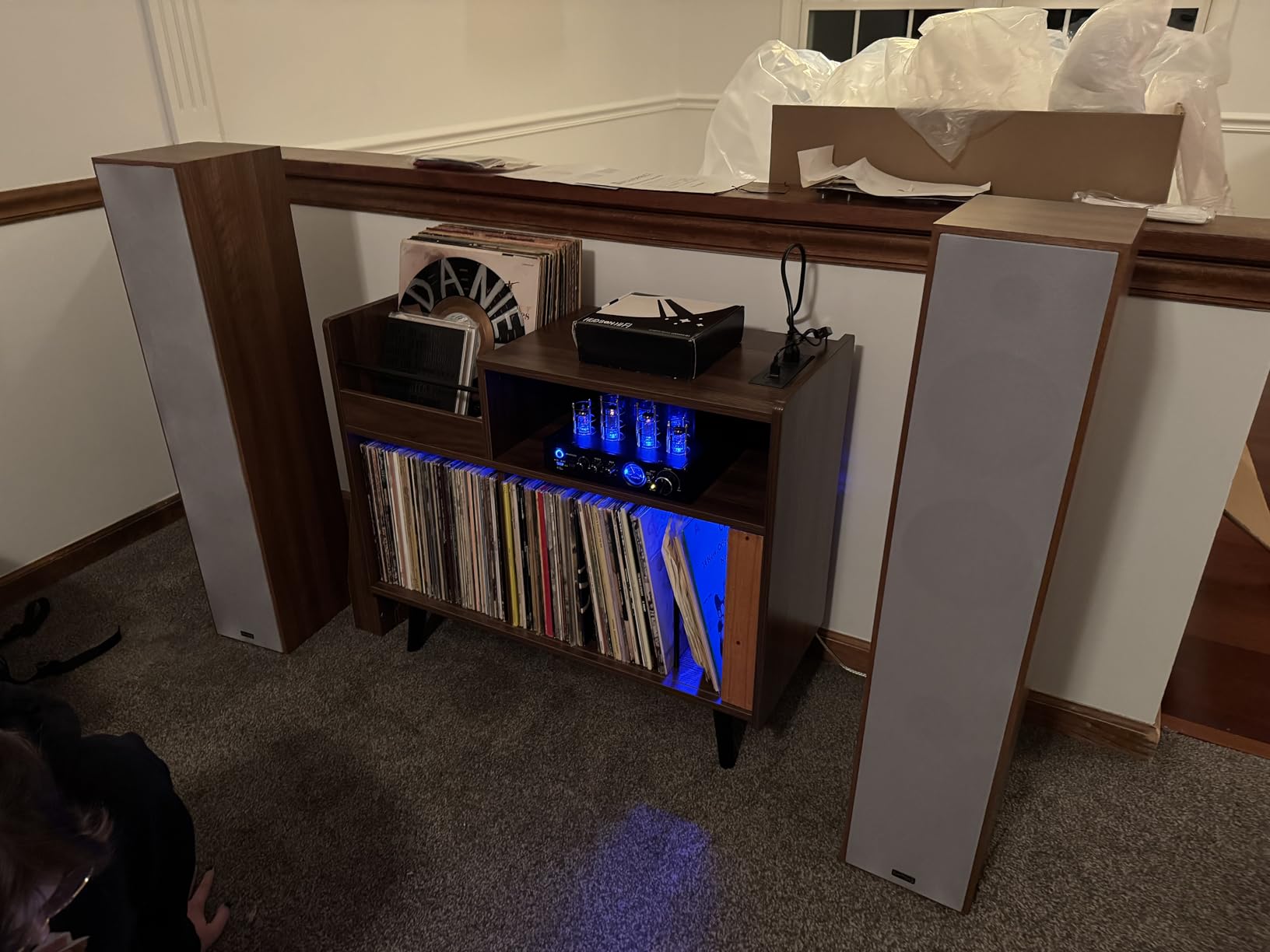 Large Record Player Stand with Sliding Door,350 Vinyl Record Storage Cabinet, Record Player Table with Power Outlet and LED Light,Turntable Stand with Wood Legs for Living Room,Bedroom,Office customer photo 2