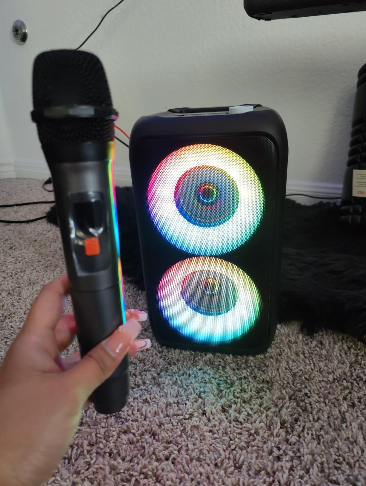 Bluetooth Speaker with 2 Wireless Microphones - Big Party Speaker for Adults Kids Karaoke with Lights - Portable Rechargeable Home Theater Systems Support TWS/AUX/USB/TF Card for Home Party Gift customer photo 1