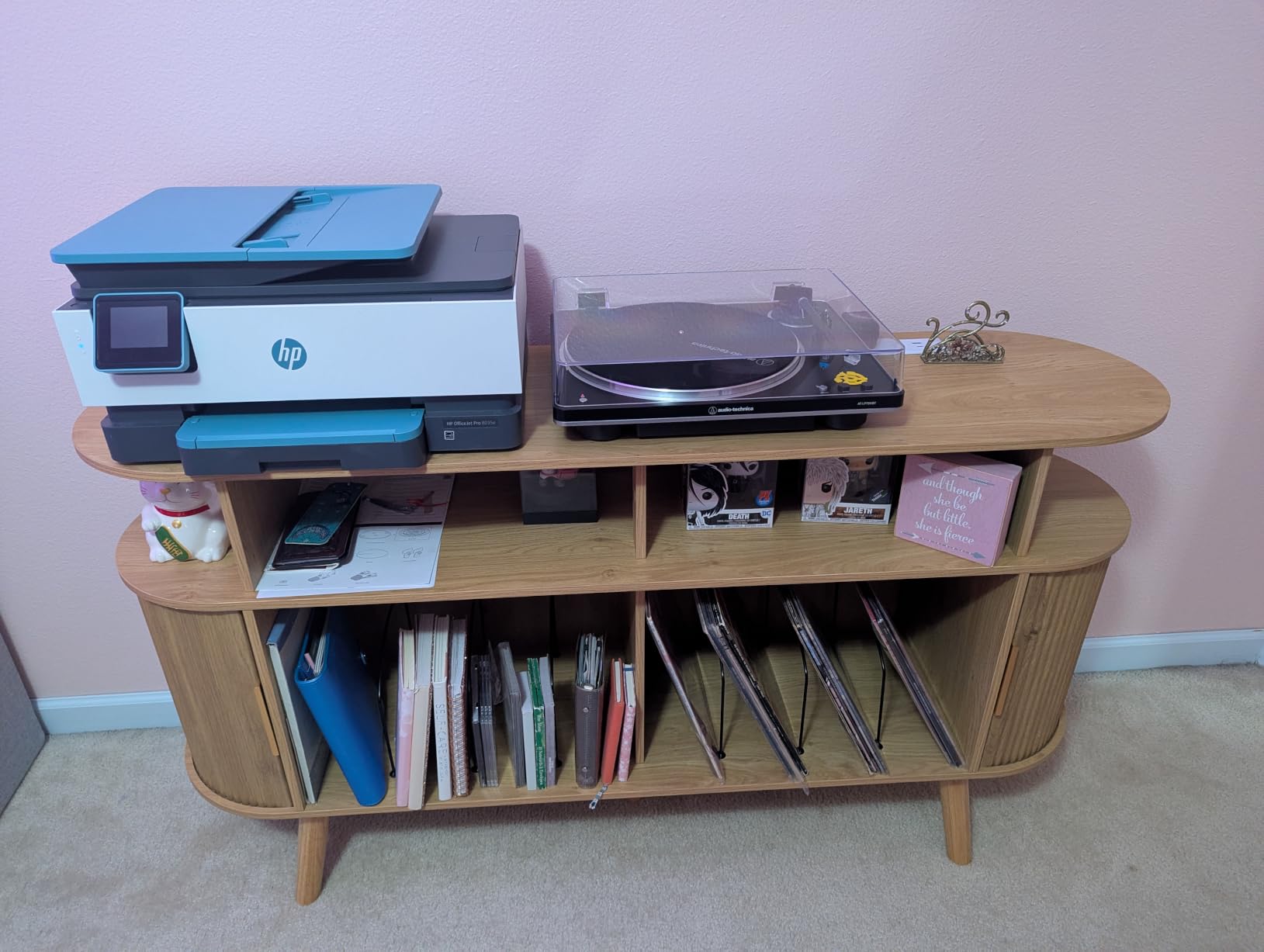PRAISUN 47.2 Inch Large Record Player Stand with Power Outlets & 3-Color Lights, Vinyl Record Stand with 2 Fluted Cabinets, USB-C Port, Mid Century Modern Player Stand, Open Storage, Walnut customer photo 1