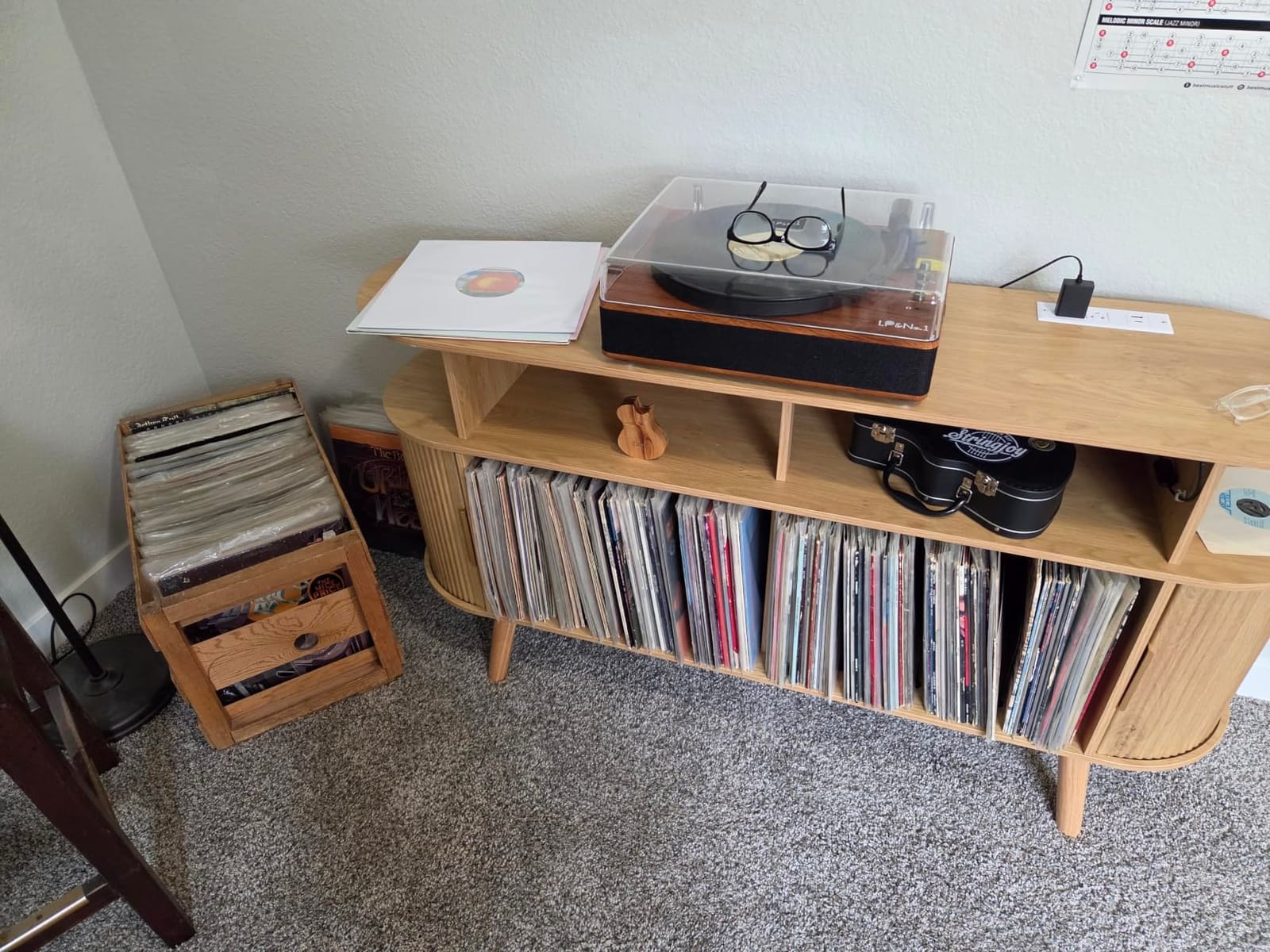PRAISUN 47.2 Inch Large Record Player Stand with Power Outlets & 3-Color Lights, Vinyl Record Stand with 2 Fluted Cabinets, USB-C Port, Mid Century Modern Player Stand, Open Storage, Walnut customer photo 2
