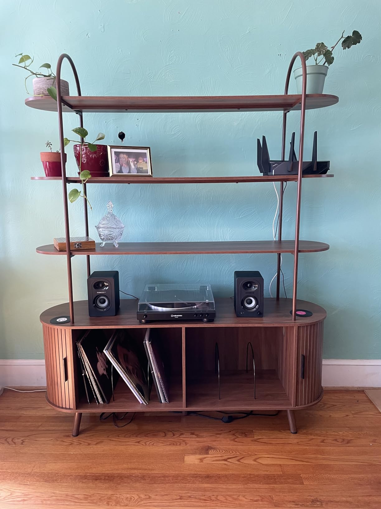 Tall Large Vinyl Record Player Stand, Fluted Long Record Storage Cabinet with Sliding Doors, Mid Century Modern Bookshelf, 4 Tier Media Display Shelf, Arched Turntable Stand for Living Room, Walnut customer photo 1