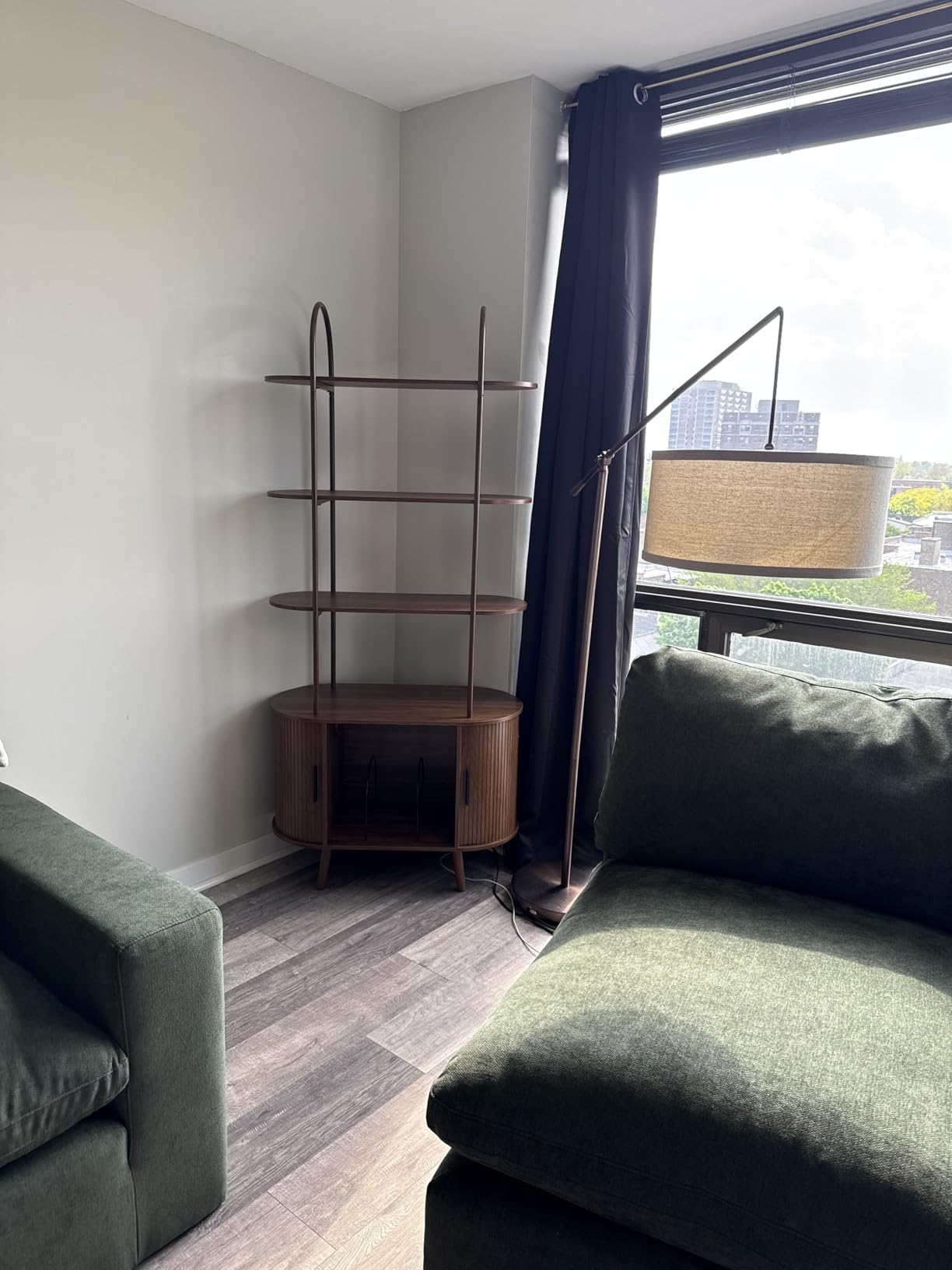Tall Large Vinyl Record Player Stand, Fluted Long Record Storage Cabinet with Sliding Doors, Mid Century Modern Bookshelf, 4 Tier Media Display Shelf, Arched Turntable Stand for Living Room, Walnut customer photo 2