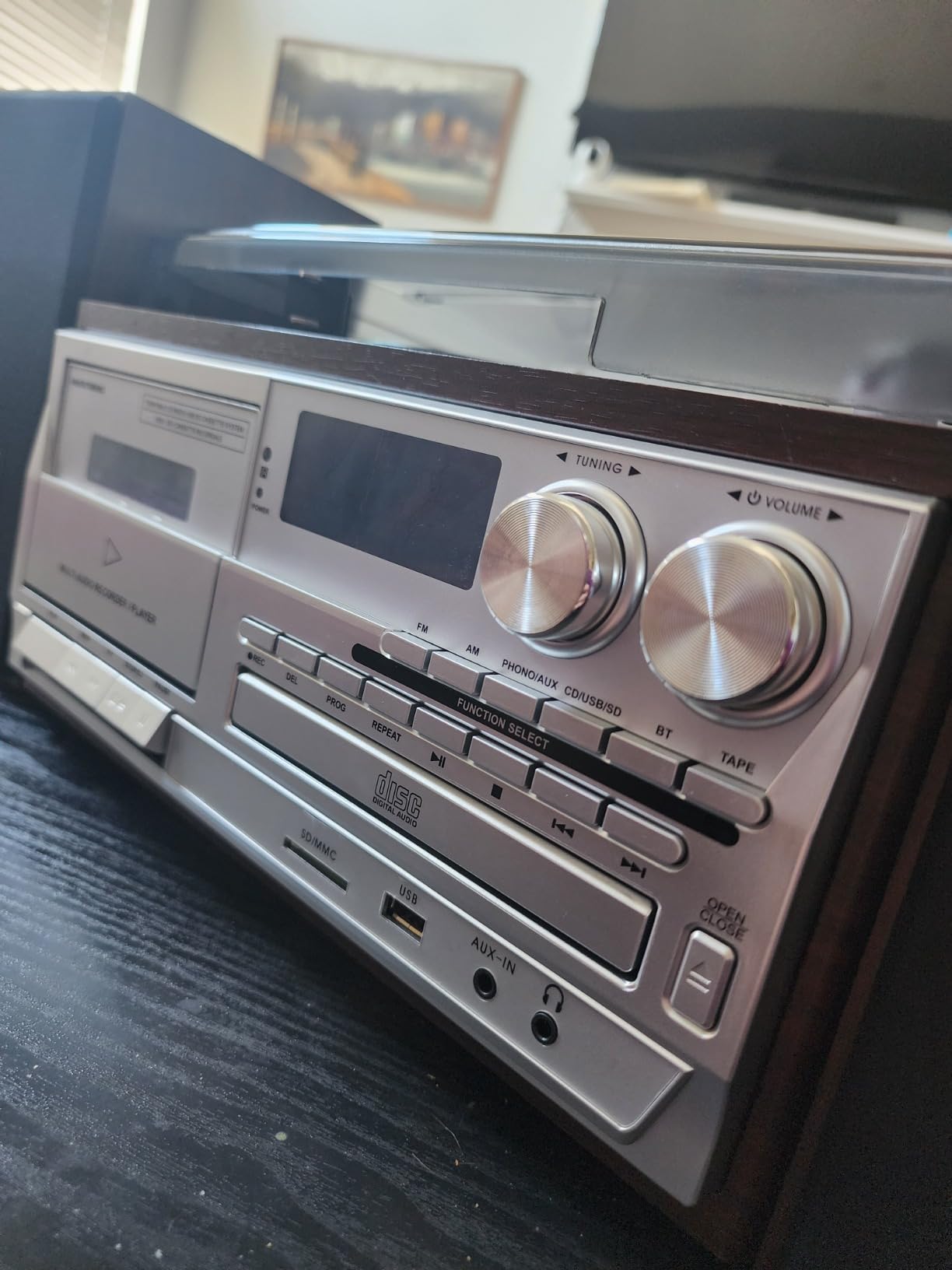 MUSITREND 10 in 1 Record Player with External Speakers, Timeless Vintage Style & Rich Stereo Sound, Two-Way Bluetooth, 3-Speed Turntable, CD, Cassette, AM/FM Radio, USB/SD, Remote Control, Black customer photo 2