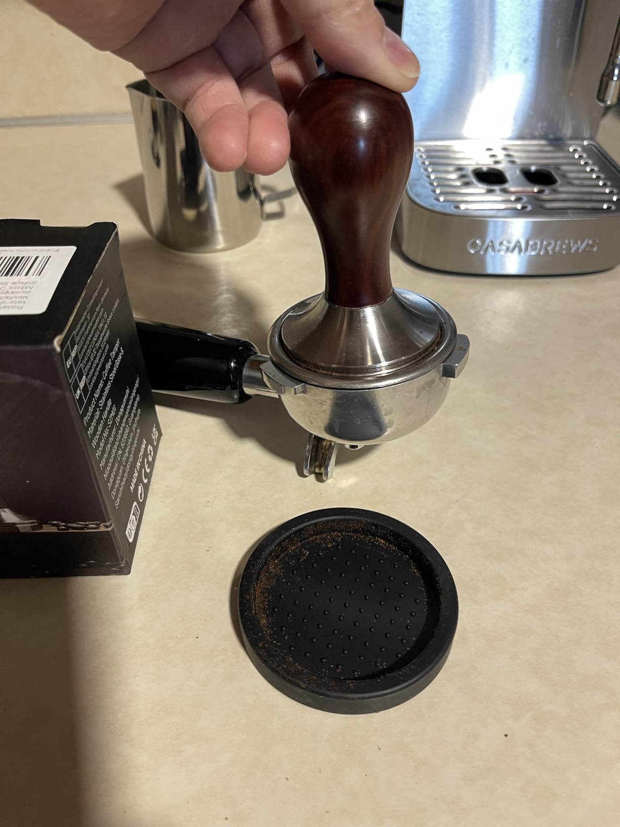 Coffee Tamper Espresso Press with Tamper Mat 304 Stainless Steel Flat Base Wooden Handle for Coffee Grounds Barista Espresso Machines Accessory (58MM) customer photo 1