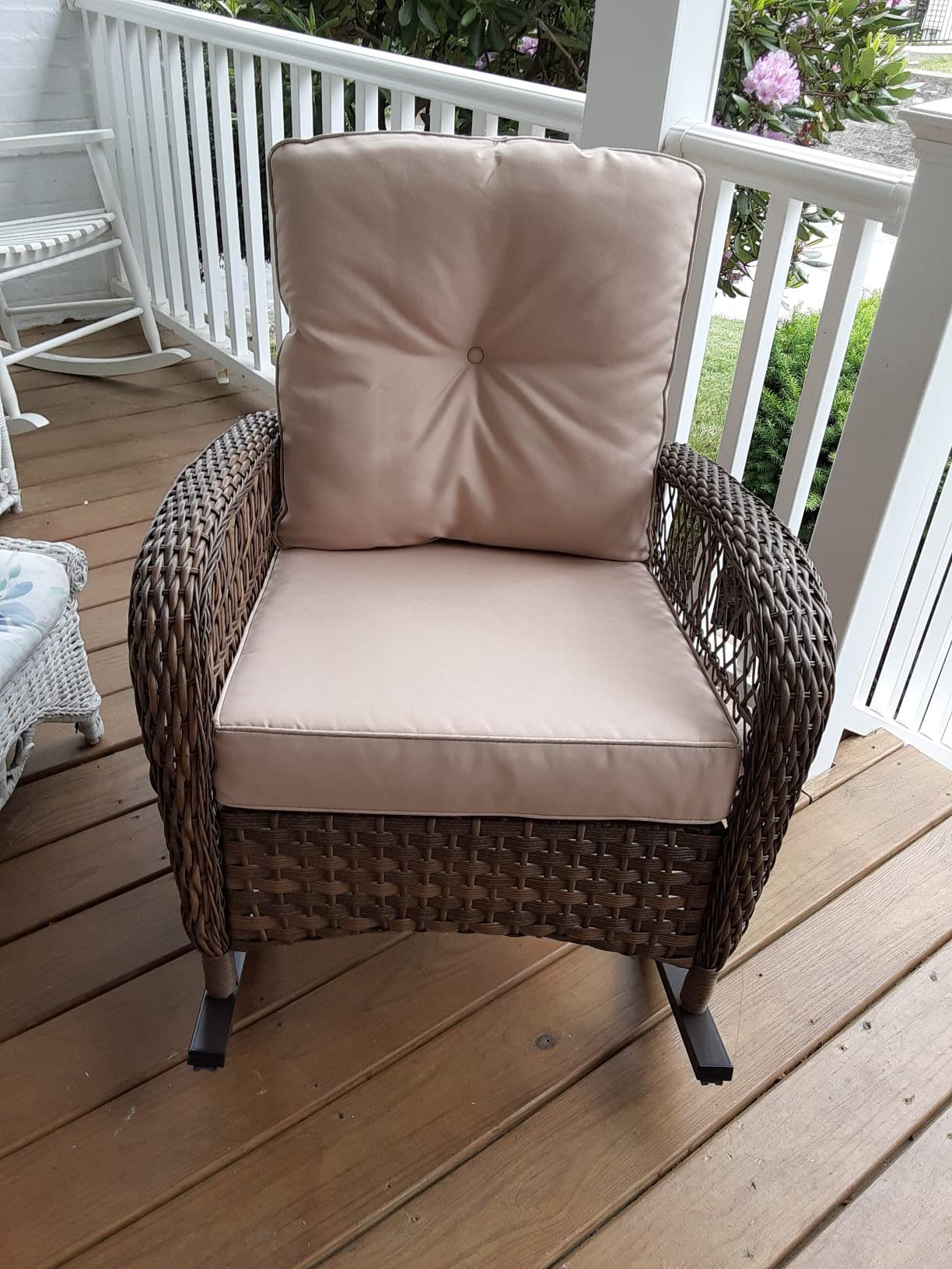 VIVIJASON Outdoor Wicker Rocking Chair, Patio Rattan Rocker Chair with Cushions & Steel Frame, All-Weather Rocking Lawn Wicker Furniture for Garden Backyard Porch (Beige) customer photo 1