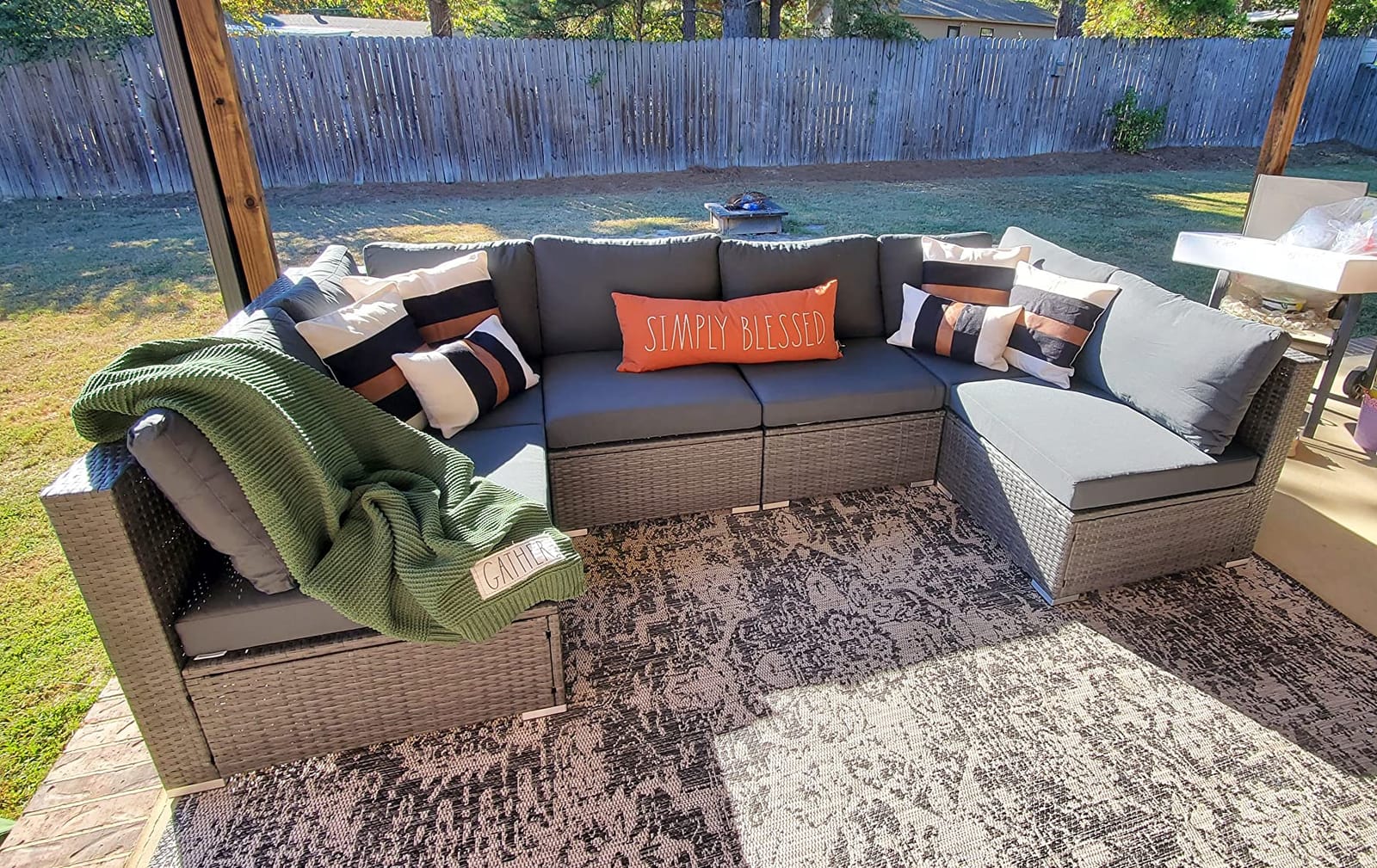 NICESOUL 9 Piece Modern Outdoor Furniture Set with Fire Pit Table, 8 Seat L-Shaped Extra Large Sectional Sofa Sets, 29.3'' High Back Comfy Modular Wicker Conversations, Natural Gas & Propane, Grey customer photo 1