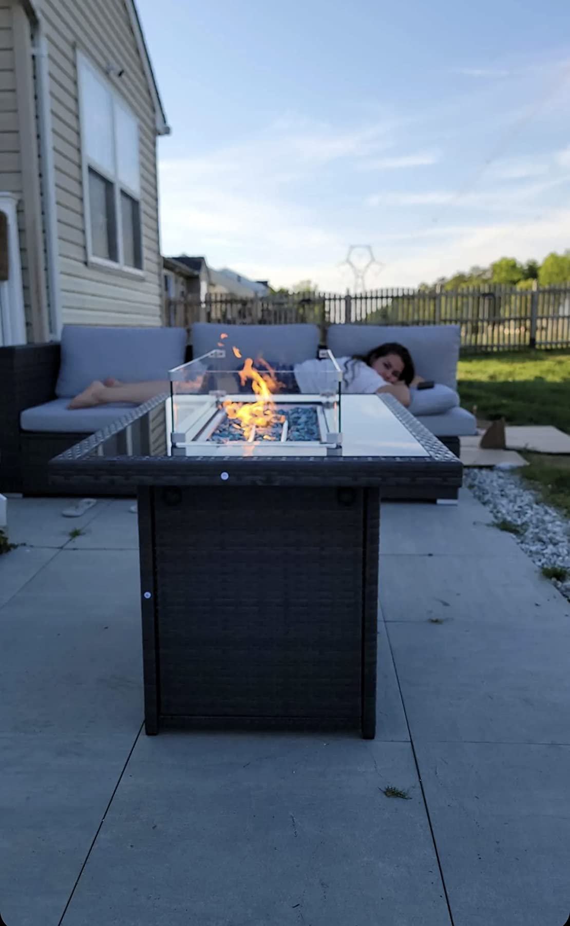 NICESOUL 9 Piece Modern Outdoor Furniture Set with Fire Pit Table, 8 Seat L-Shaped Extra Large Sectional Sofa Sets, 29.3'' High Back Comfy Modular Wicker Conversations, Natural Gas & Propane, Grey customer photo 2