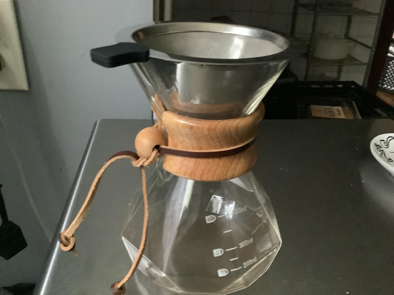 Lalord Pour Over Coffee Maker, 400ml/13.5oz Borosilicate Glass Carafe with Stainless Steel Filter & Modern Wooden Collar, 2 Cups Capacity, Clear customer photo 1