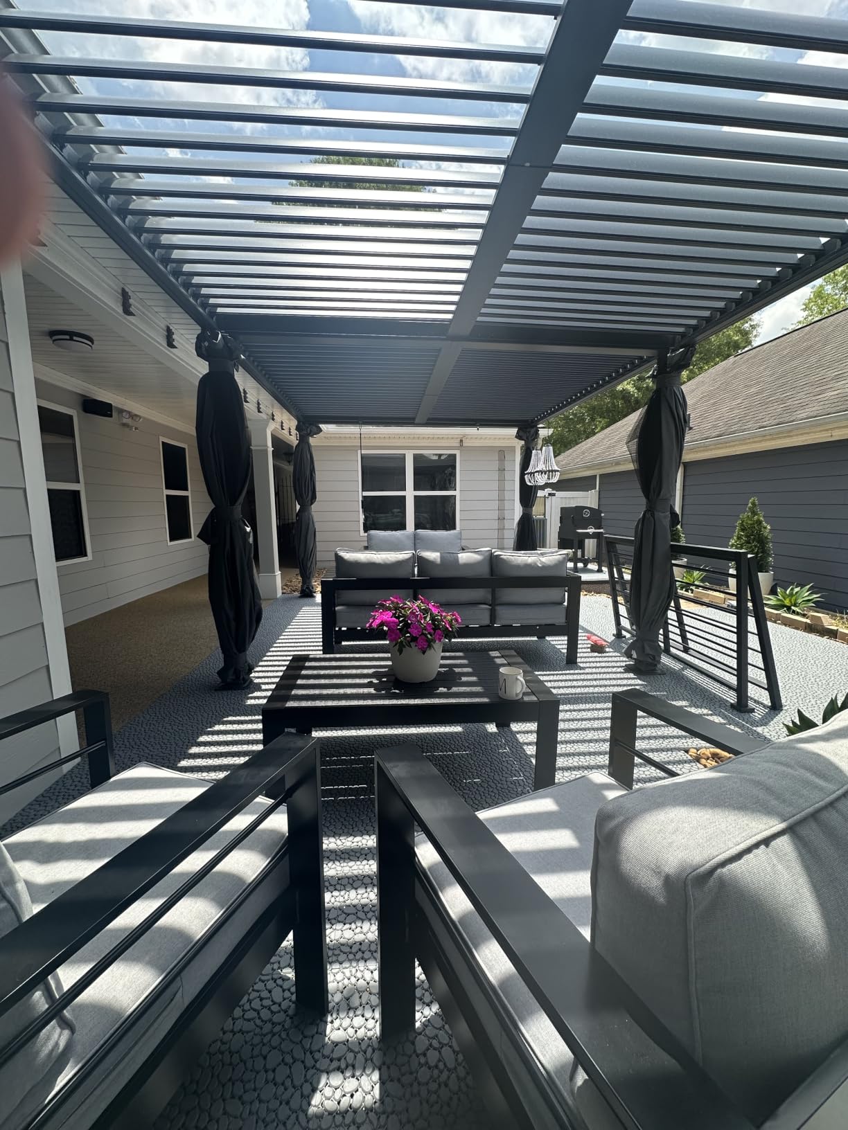 EROMMY Louvered Pergola 10x20, Outdoor Aluminum Pergola with Adjustable Rainproof Roof for Garden, Patio, Deck, Waterproof Curtains and Netting Included, Gray-Black customer photo 2