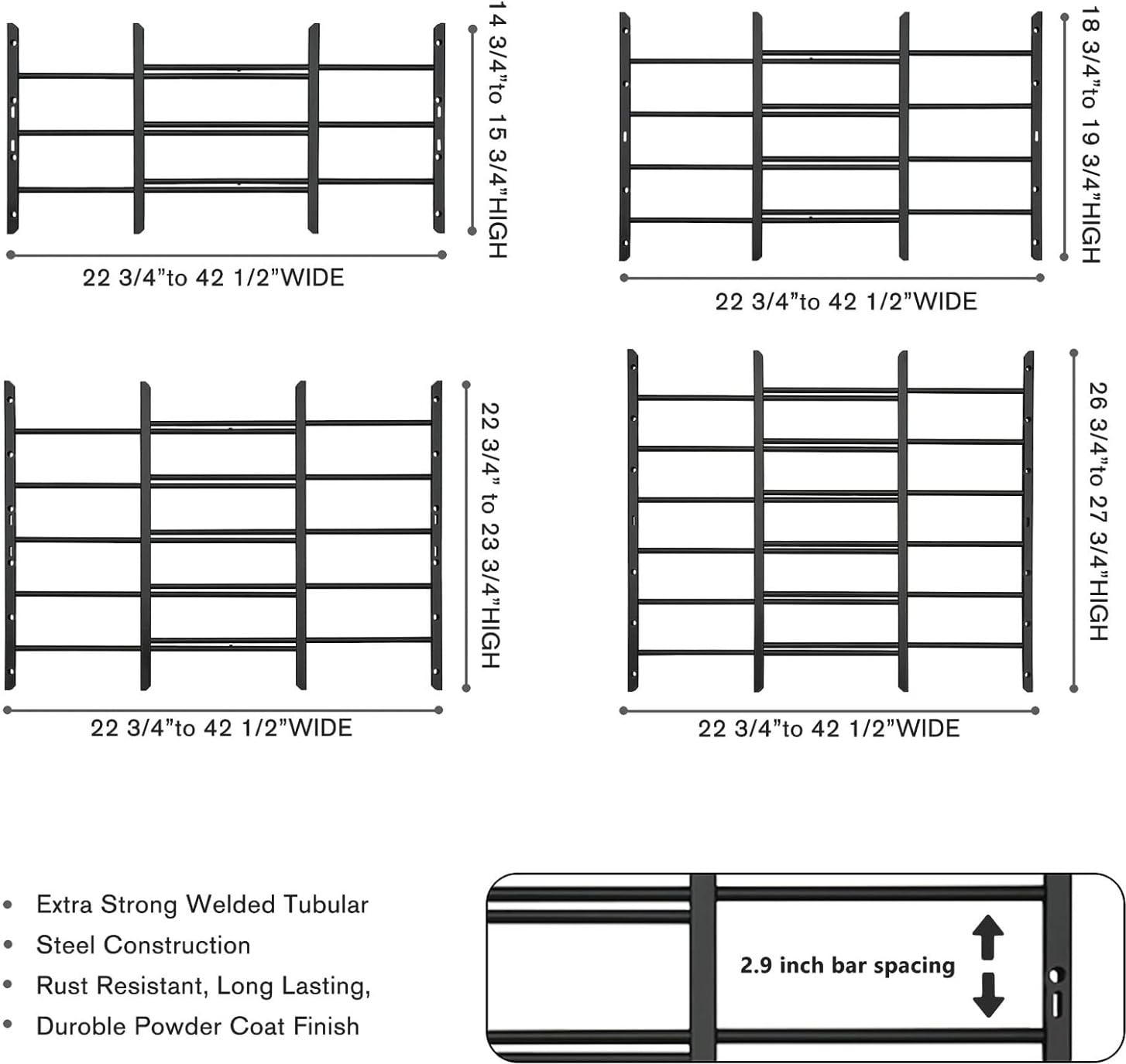 Grisham AWG Fixed Window Security Bars, (Black, 3Bars)14 3/4