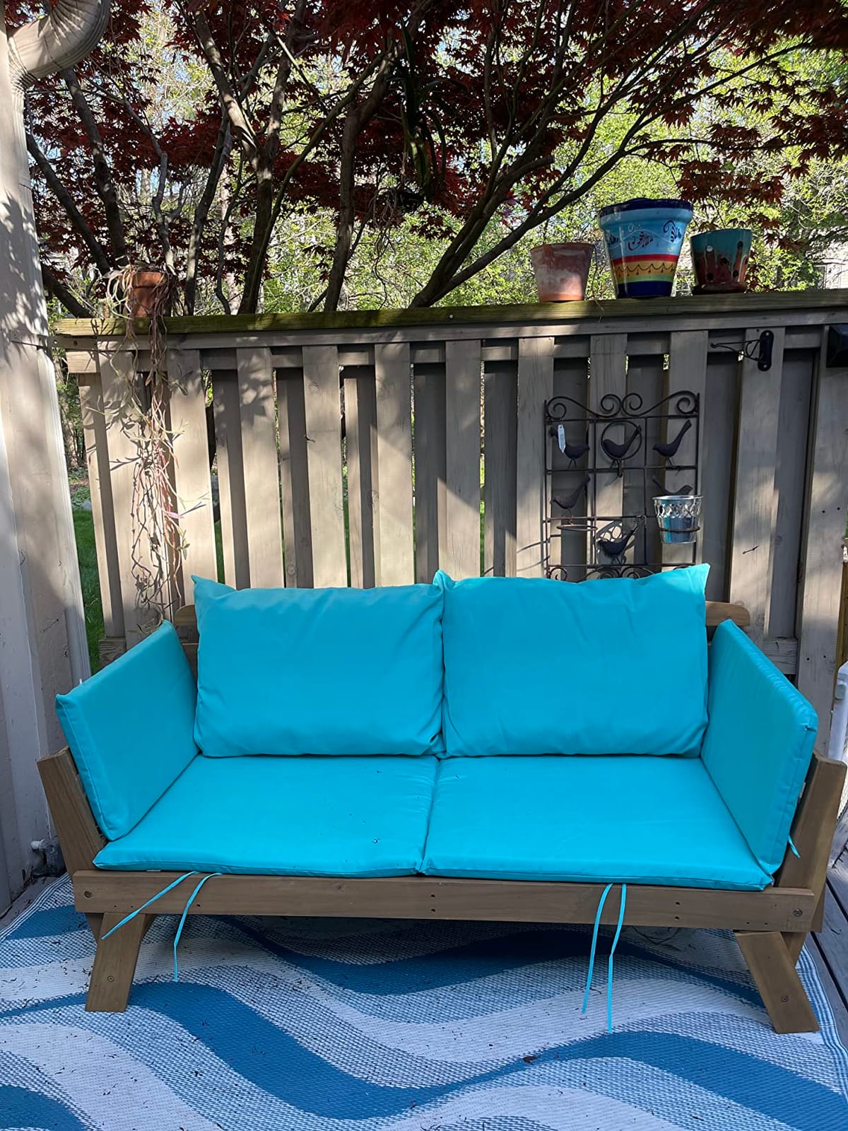 DORTALA Patio Convertible Couch Sofa Bed, Acacia Wood Daybed with Adjustable Armrest, Collapsible Chaise Lounge w/Cushions & Pillows, Grey customer photo 2