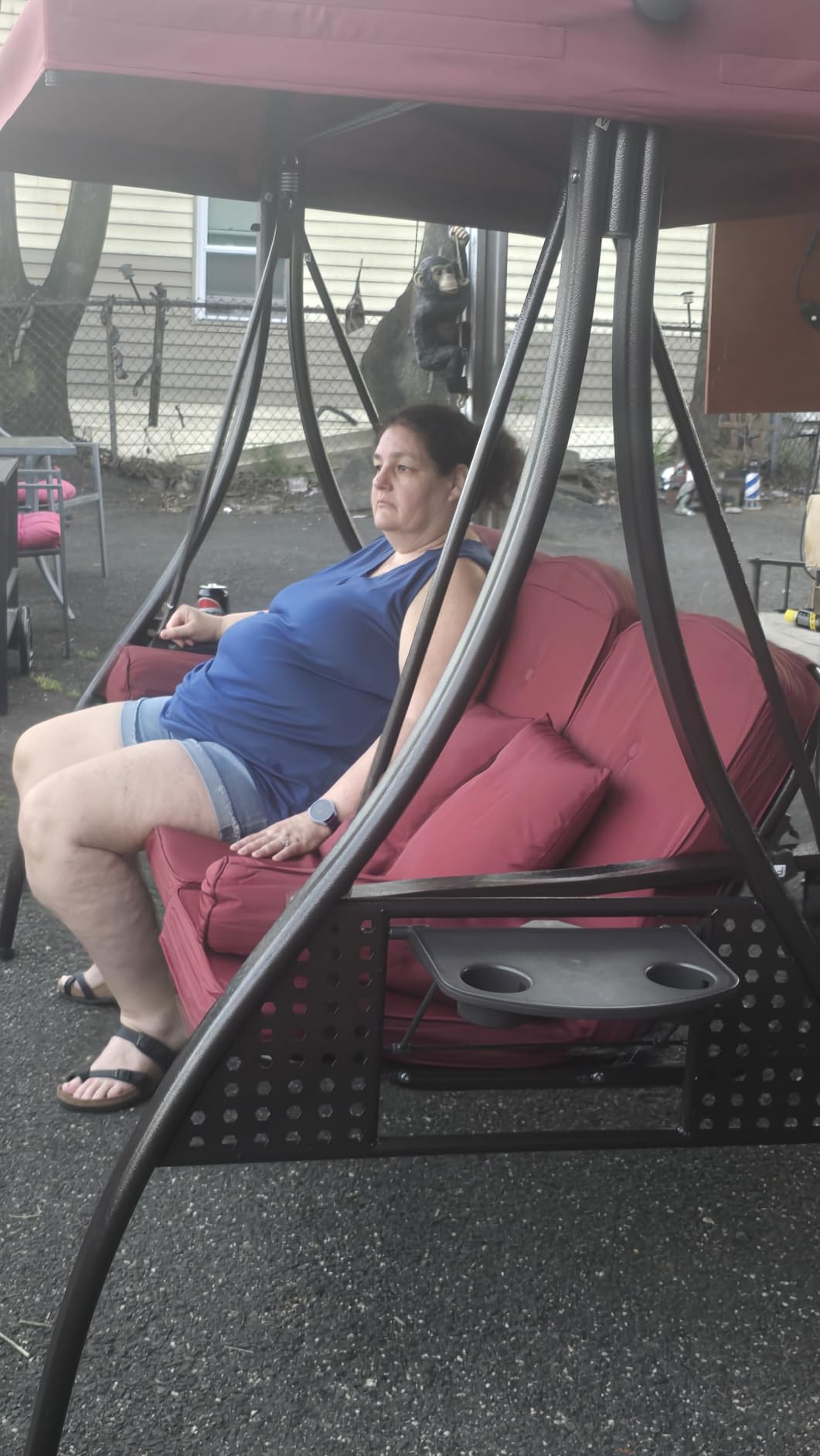 3 in 1 Outdoor Porch Swing with Adjustable Canopy, 3 Seat Outdoor Swing for Adults, Patio Swing Chair with Thickened Cushions,Pillows & Cup Holders for Backyard, Porch, Garden (Wine Red) customer photo 1