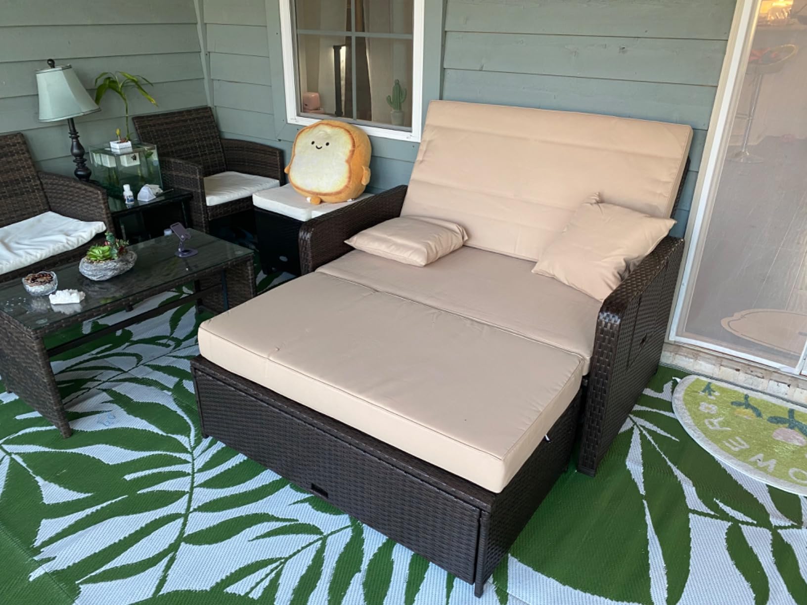 RELAX4LIFE Wicker Patio Outdoor Daybed - Rattan Day Bed Lounger with Loveseat & Storage Ottoman, Sunbed Sofa Set w/Cushions, 4-Level Adjustable Backrest & 2 Retractable Trays, Patio Daybed (Beige) customer photo 1
