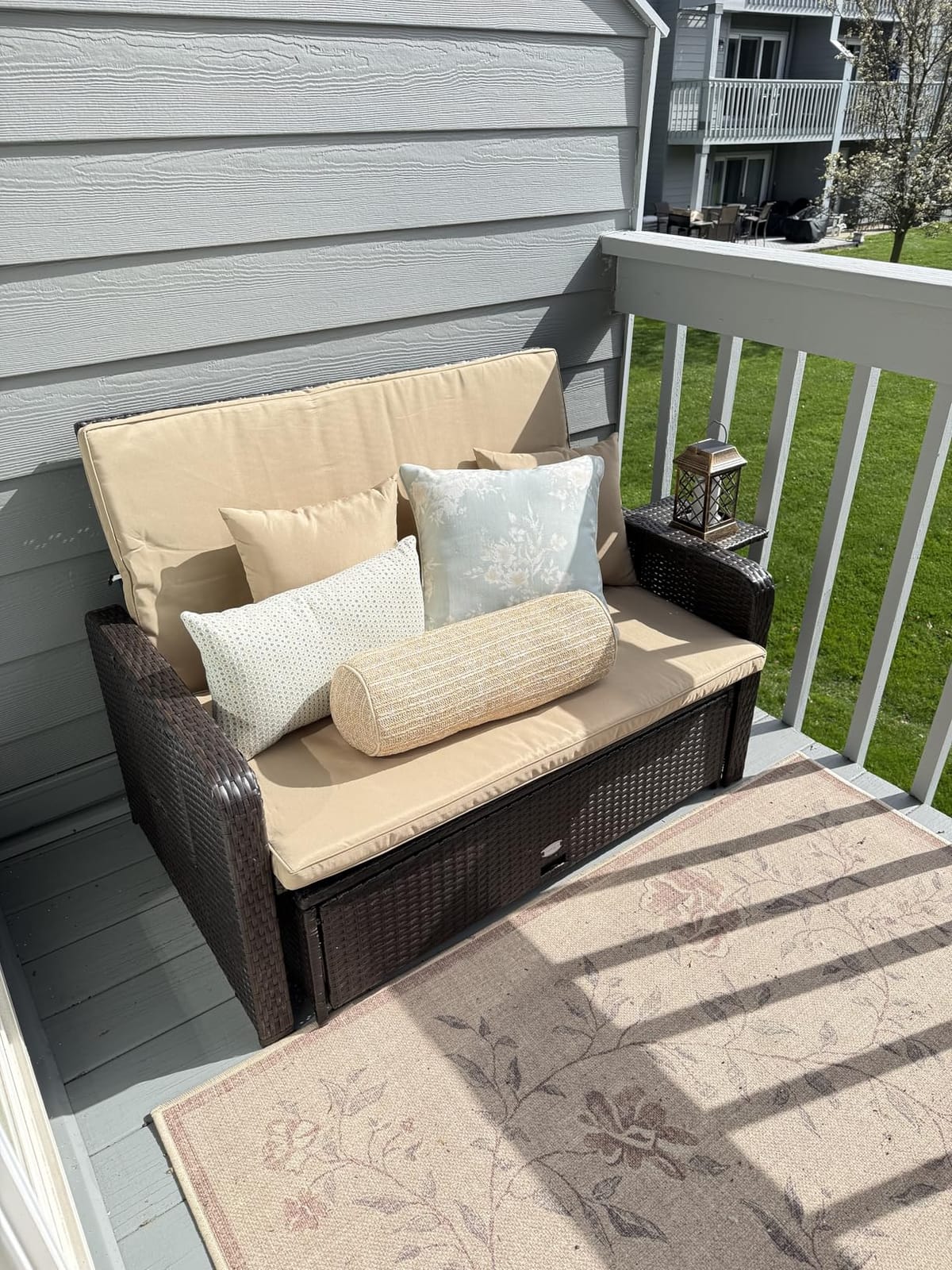 RELAX4LIFE Wicker Patio Outdoor Daybed - Rattan Day Bed Lounger with Loveseat & Storage Ottoman, Sunbed Sofa Set w/Cushions, 4-Level Adjustable Backrest & 2 Retractable Trays, Patio Daybed (Beige) customer photo 2
