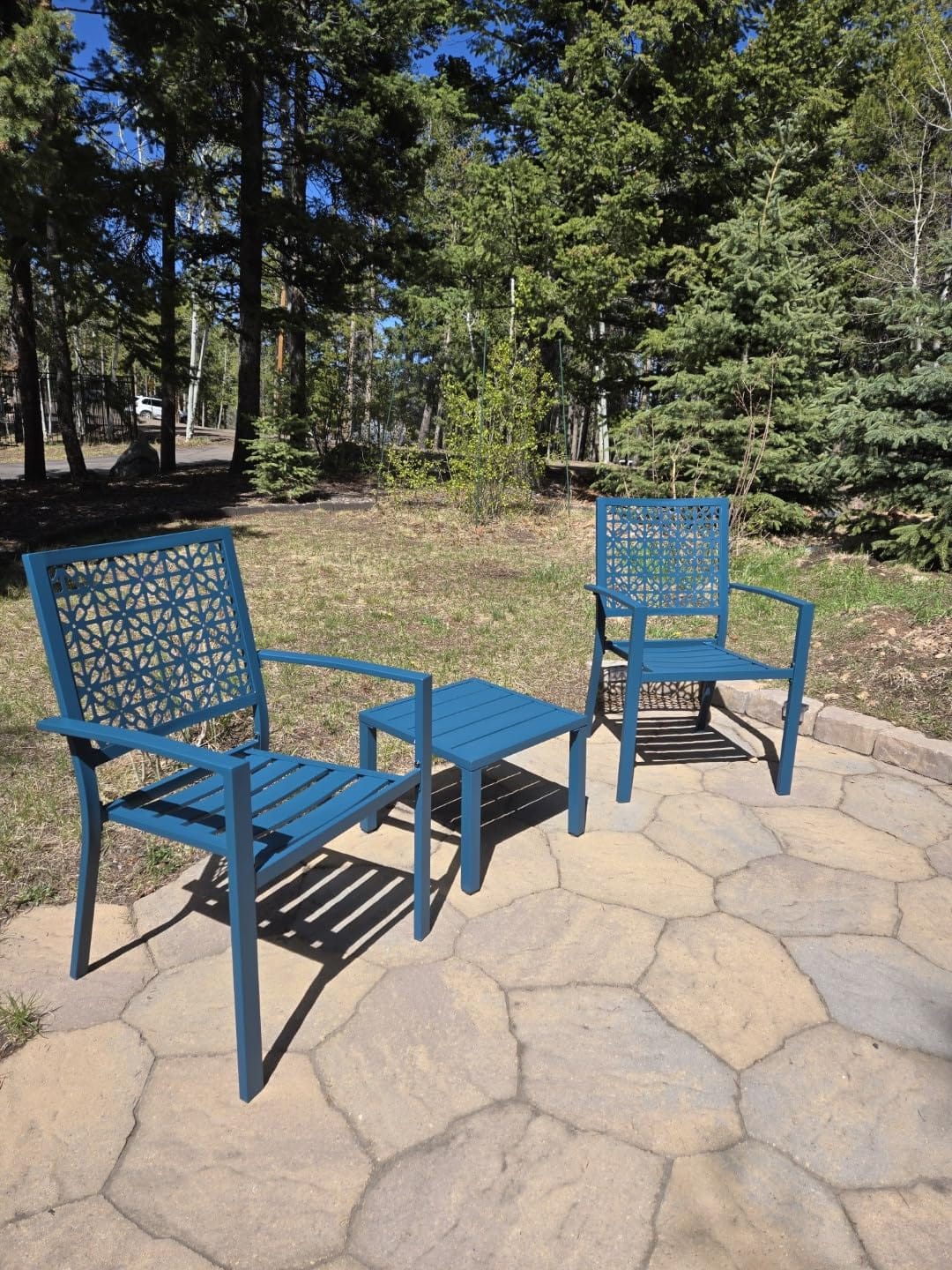 Best Choice Products 3-Piece Outdoor Bistro Set, Stackable Modern Steel Furniture for Porch, Garden w/ 2 Chairs, Table, Geometric Decor - Peacock Blue customer photo 1