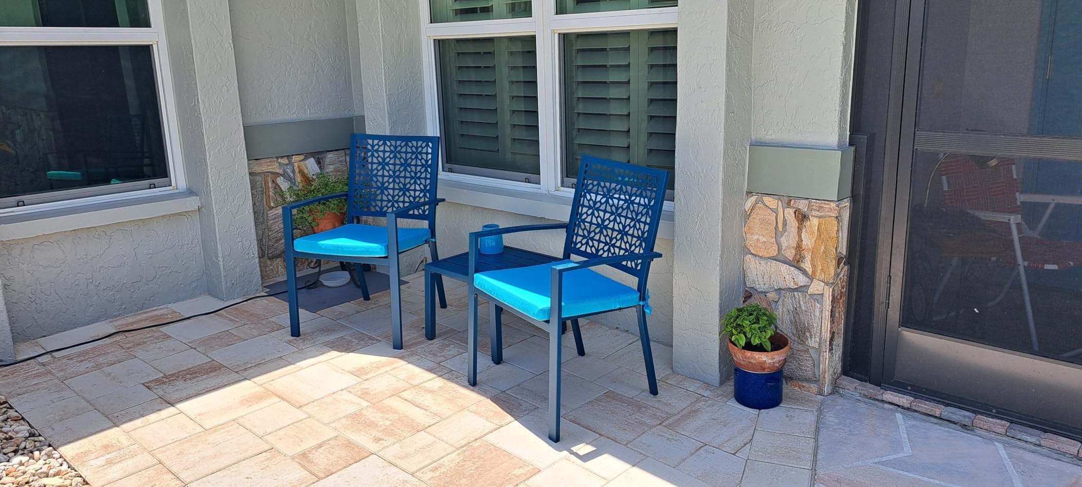Best Choice Products 3-Piece Outdoor Bistro Set, Stackable Modern Steel Furniture for Porch, Garden w/ 2 Chairs, Table, Geometric Decor - Peacock Blue customer photo 2