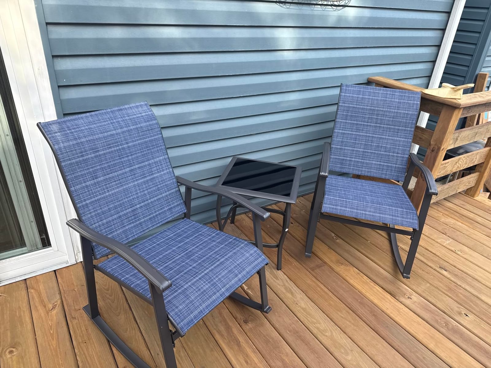 Shintenchi 3 Piece Rocking Bistro Set, Outdoor Furniture with Rocker Chairs and Glass Coffee Table Set of 3, Balcony, Porch Furniture for Small Space, Light Gray customer photo 1