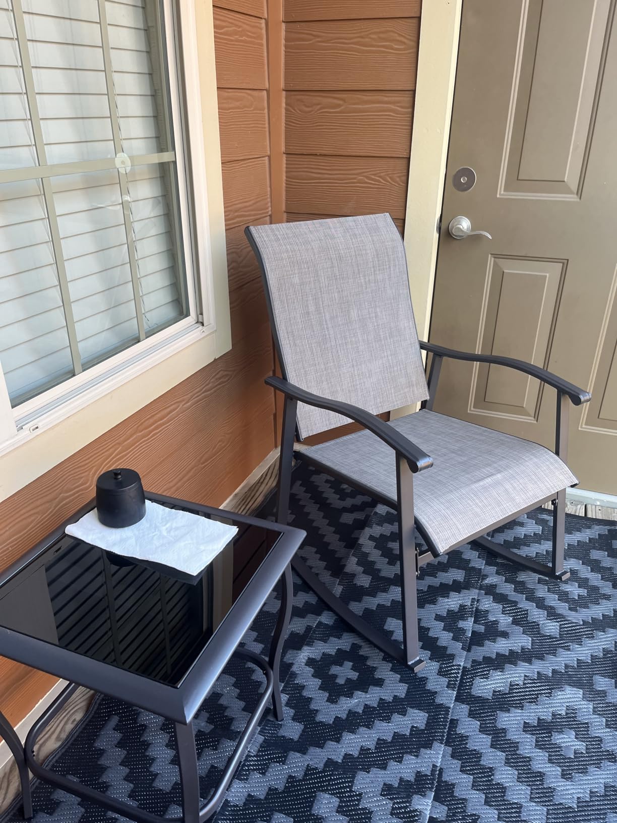 Shintenchi 3 Piece Rocking Bistro Set, Outdoor Furniture with Rocker Chairs and Glass Coffee Table Set of 3, Balcony, Porch Furniture for Small Space, Light Gray customer photo 2
