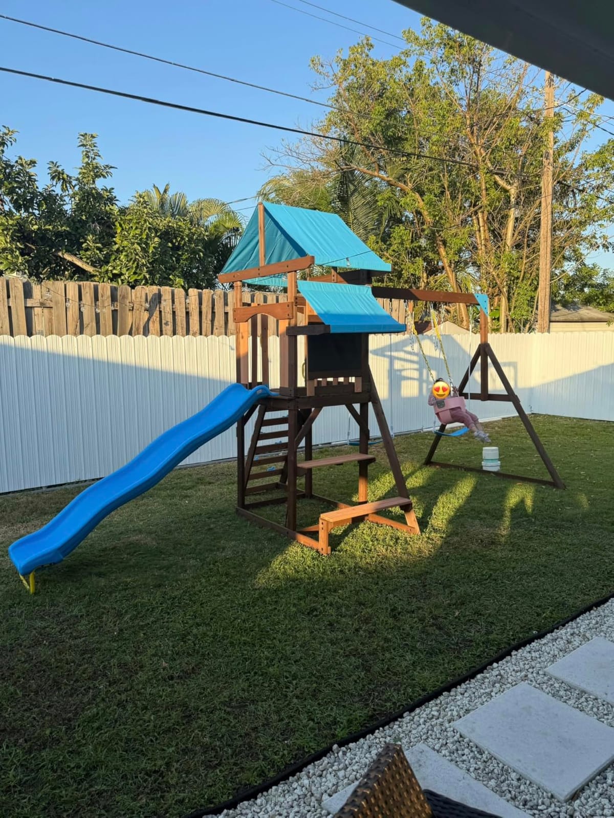 Sportspower Rosemont Cedar Wooden Swing Set with 8' Slide, 2 Adjustable Swings, Trapeze, Play Fort with Rock Climber, Sandbox, Picnic Table, Chalk Tarp & Anchor Kit, Outdoor Playset for Kids Ages 3–8 customer photo 1