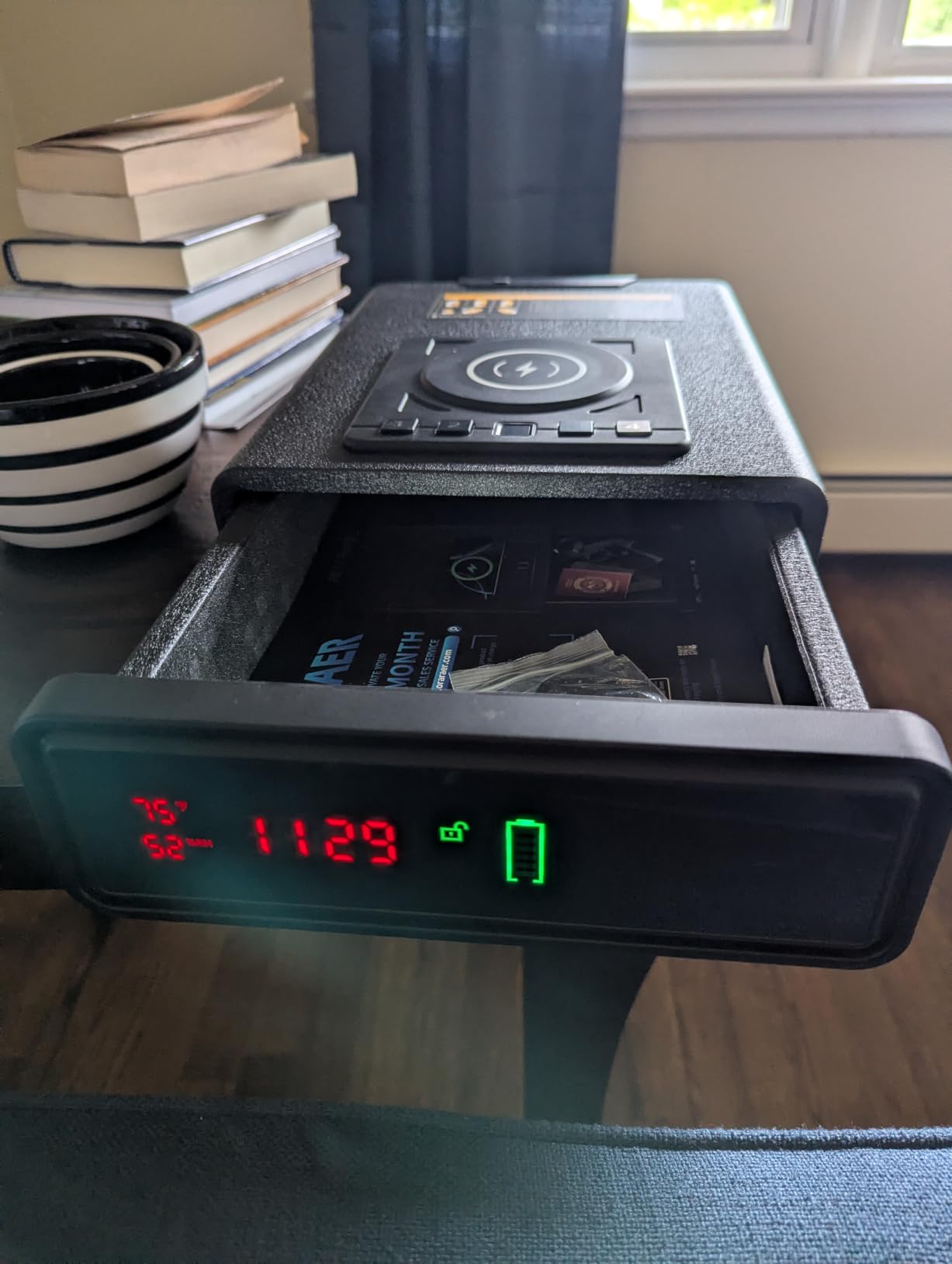 ORARAER Biometric Smart Gun Safe with Wireless Charging, 3 Quick Access Money Box with Fingerprint - Compact Bedside Drawer Safe, 24/7 Digital Clock handgun safe,Gifts for Men customer photo 2