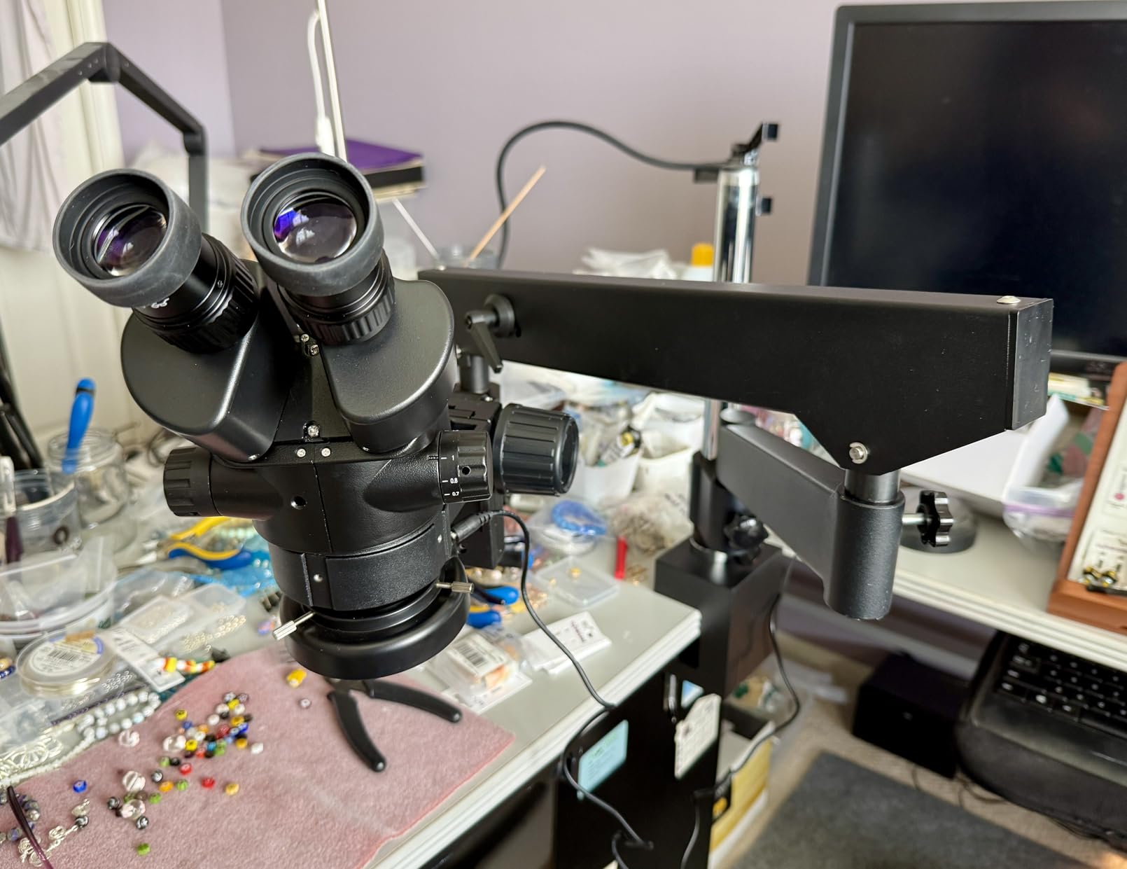 Jewelry Microscope, 7X-45X Binocular Stereo Zoom Microscope with 56-LED Ring Light, Articulating Boom Arm Stand, 0.5X Barlow Lens and Headrest for Gem Setting, Engraving and Jewelry Repai customer photo 1