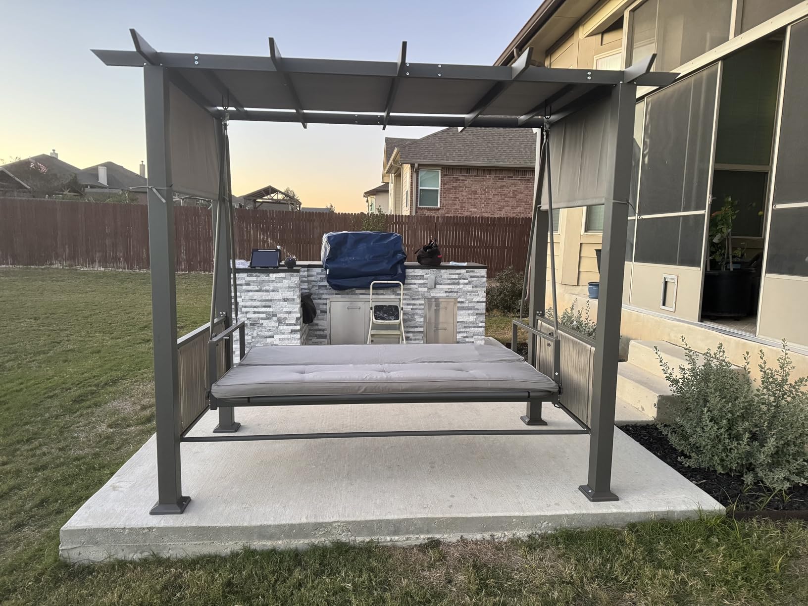 Pamapic 3-Seat Porch Swing with Stand, 990 LBS 2 in 1 Convertible Bed Patio Swings with Canopy Adjustable, Wicker Side Panel Swing Chair Outdoor with Cushion for Backyard, Porch, Garden (Gray) customer photo 2