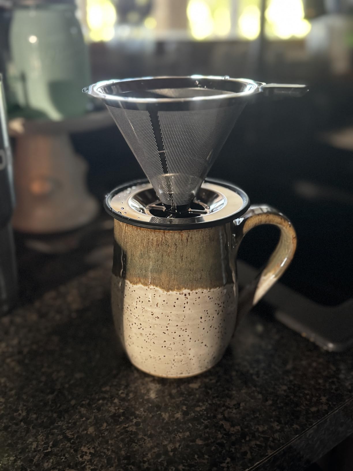 Pour Over Coffee Dripper, Stainless Steel Coffee Filter, Paperless Reusable Coffee Filter, Double Micromesh 600 Mesh Strainer Coffee Maker with Heat-Resistant Silicone Handle & Base (1-2 Cups) customer photo 2