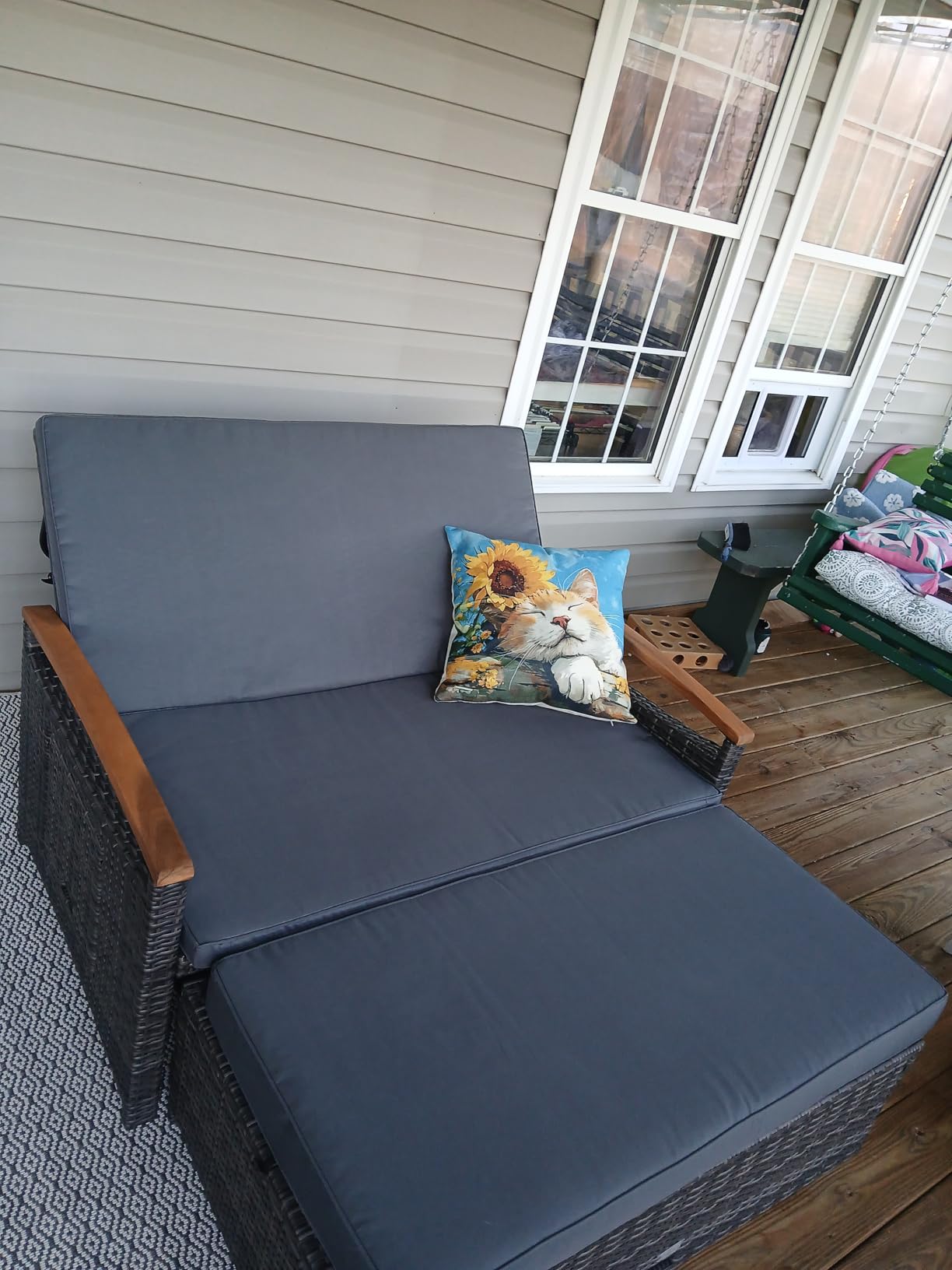 LDAILY Moccha Outdoor Wicker Daybed, Patio Rattan Loveseat Sofa w/ 4-Level Adjustable Backrest, Folding Panels, Storage Ottoman & Cushions, Lounge Furniture Set for Poolside Backyard Porch (Grey) customer photo 2