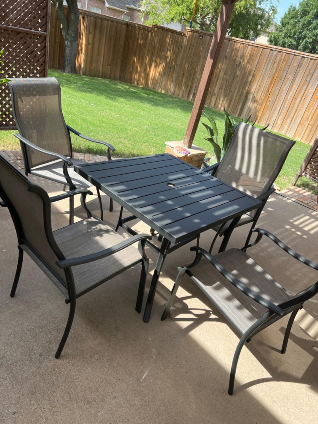 HAPPATIO Outdoor Patio Dining Set, 6 Quick Dry Textilene Dining Chairs and Dining Table with Umbrella Hole, Stackable Textilene Chairs for Garden, Patio and Poolside Backyard, Grey customer photo 2